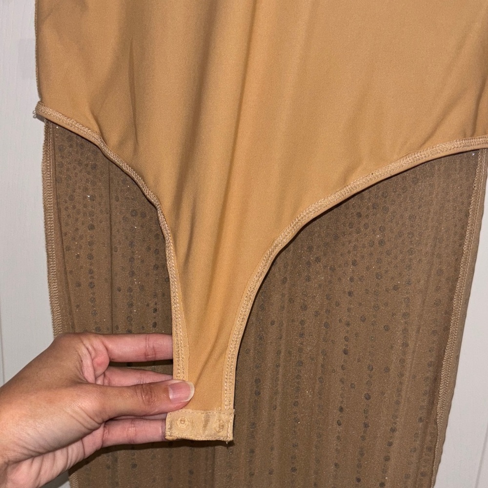 Banjul Tan Sequin Embellished double strap Dress bodysuit attached-sheer bottom - Picture 16 of 16